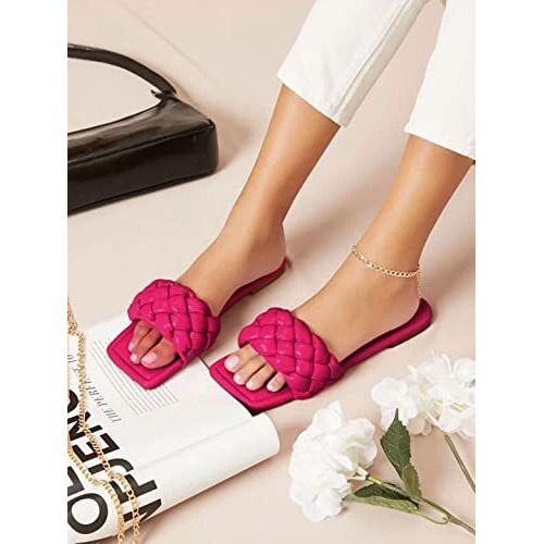 Shoetopia Women's Magenta Braided Flat Slip-On Sandals  Comfortable Open-Toe Casual Slides For Summer, Beach Eu36