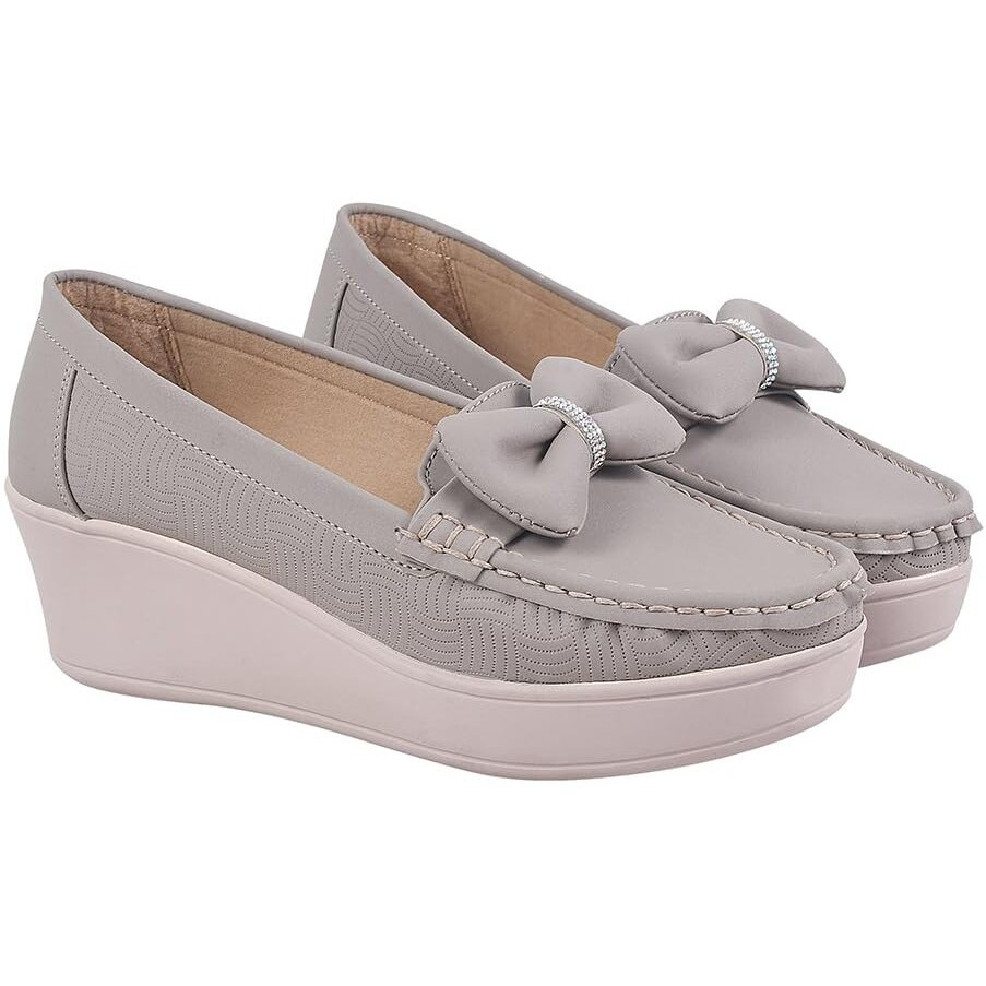 Shoetopia Upper Bow Detailed Grey Loafers For Women & Gilrs /Eu37