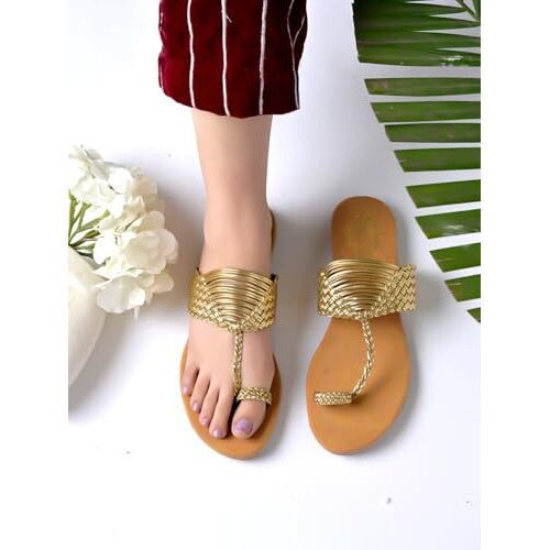 Shoetopia Chic Comfort & Stylish Golden Kolhapuri Flats For Women & Girls /Eu38