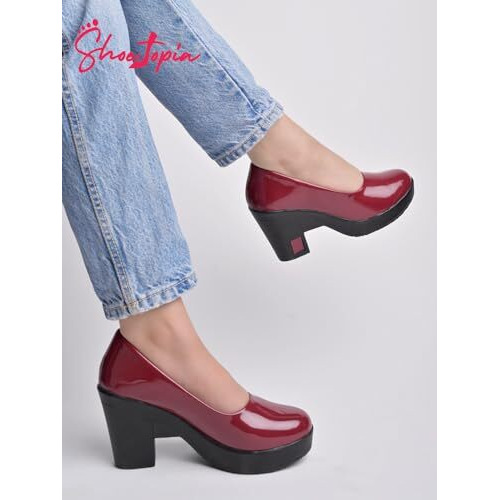 Shoetopia Solid Cherry Pumps For Girls-Eu41