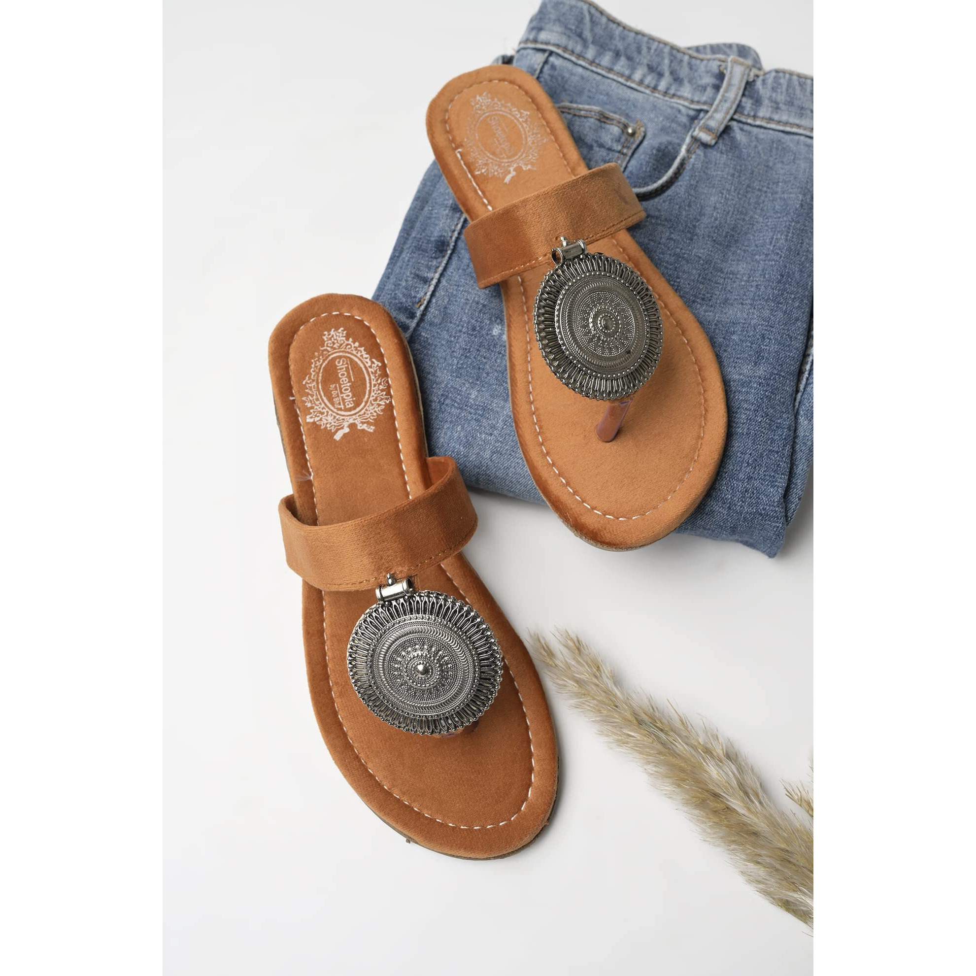 Shoetopia Ethnic Jewel Detailed Orange Flats For Women & Girls /Uk7
