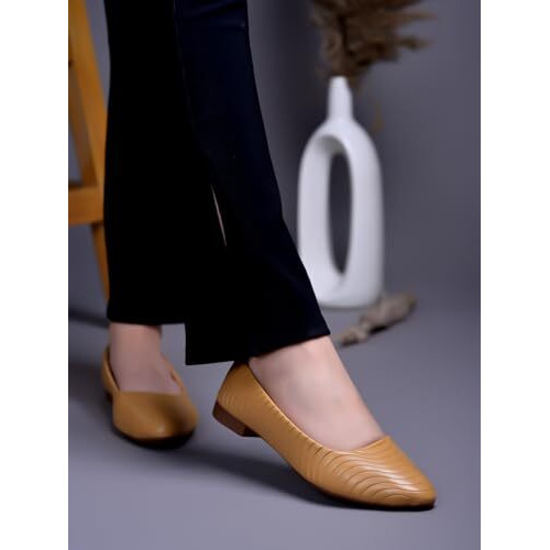 Shoetopia Women's Tantextured Bellies  Elegant Slip-On Flats With Wavy Design For Daily, Office & Casual Eu37 Bronze