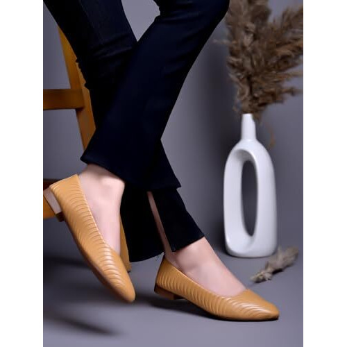 Shoetopia Women's Tantextured Bellies  Elegant Slip-On Flats With Wavy Design For Daily, Office & Casual Eu37 Bronze