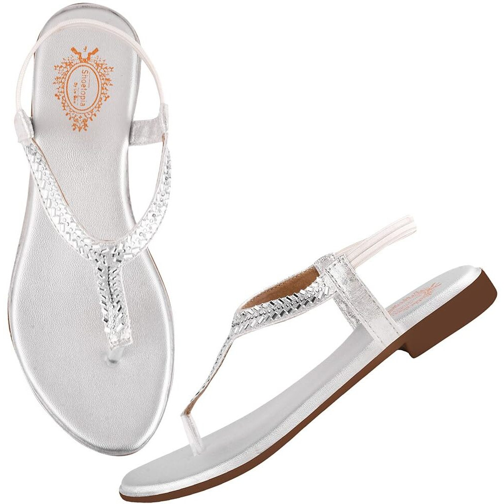 Shoetopia Embellished Women's Silver Flat Sandal /Eu37