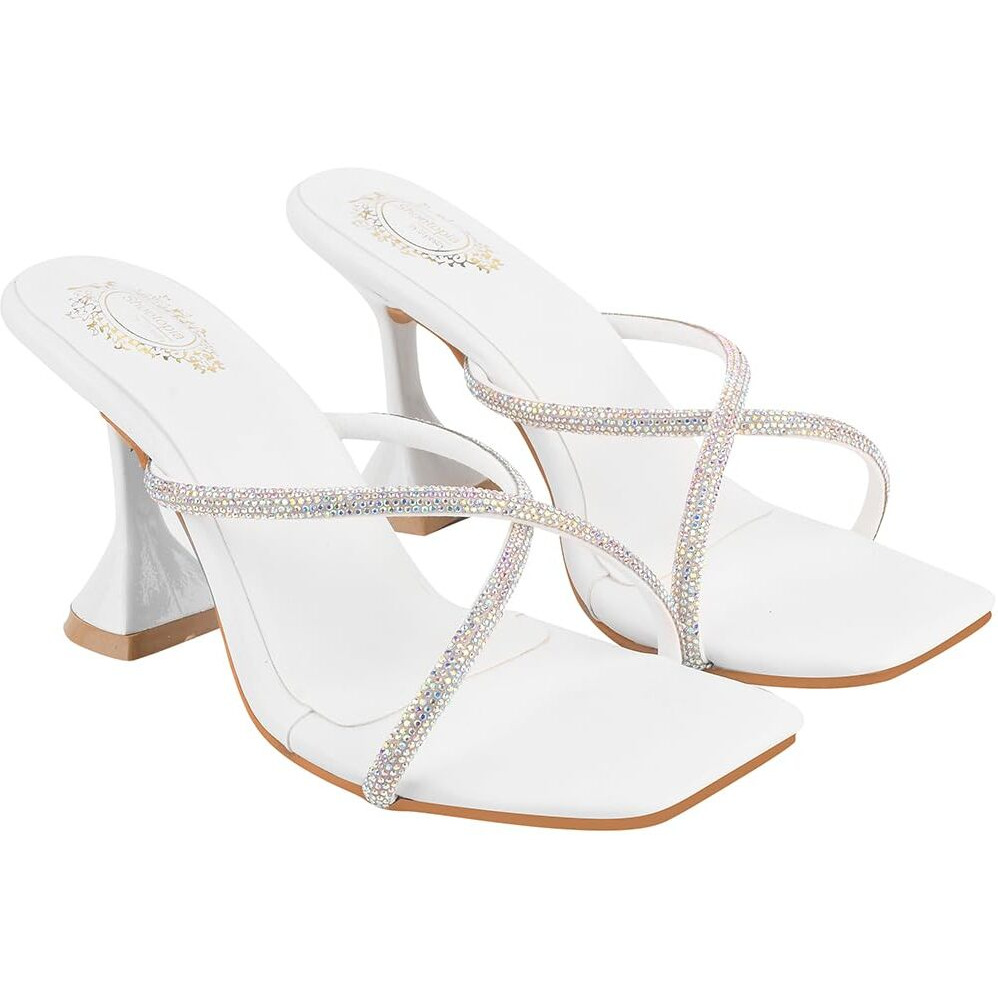 Shoetopia Stylish Embellished Kitten Heels White Sandal For Women & Girls Pencil Heels Fashionable And Comfortable Eu38