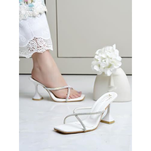 Shoetopia Stylish Embellished Kitten Heels White Sandal For Women & Girls Pencil Heels Fashionable And Comfortable Eu38