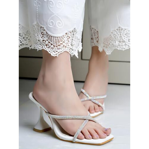 Shoetopia Stylish Embellished Kitten Heels White Sandal For Women & Girls Pencil Heels Fashionable And Comfortable Eu38