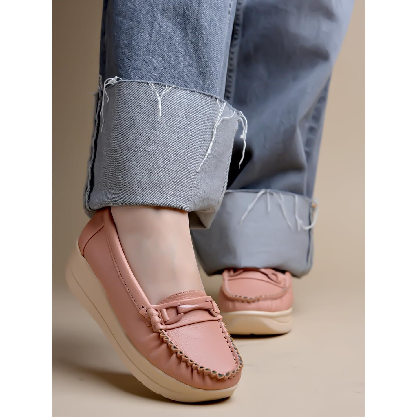 Shoetopia Bow Detailed Cream Loafers For Women & Gilrs /Eu38