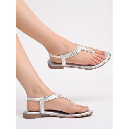 Shoetopia Embellished Women's Silver Flat Sandal /Eu38