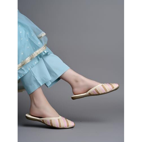 Shoetopia Emberoidered Cream Flat Mules For Women & Girls /Eu40