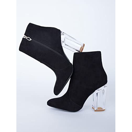 Shoetopai Women's Black Ankle Boots Faux Suede Booties With Transparent Block Heel, Chic Zip Closure, Fashion Forward Fall/Winter Footwear Eu38