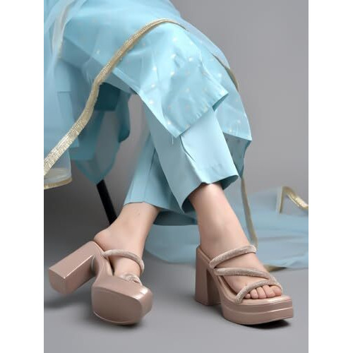 Shoetopia Embellished Rose-Gold Block Heels For Women & Girls /Eu39