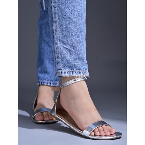 Shoetopia Stylish Embellished Silver Flat Sandals For Women & Girls /Eu38