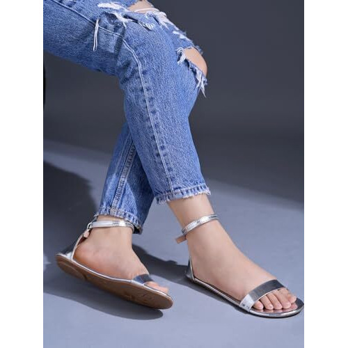 Shoetopia Stylish Embellished Silver Flat Sandals For Women & Girls /Eu38