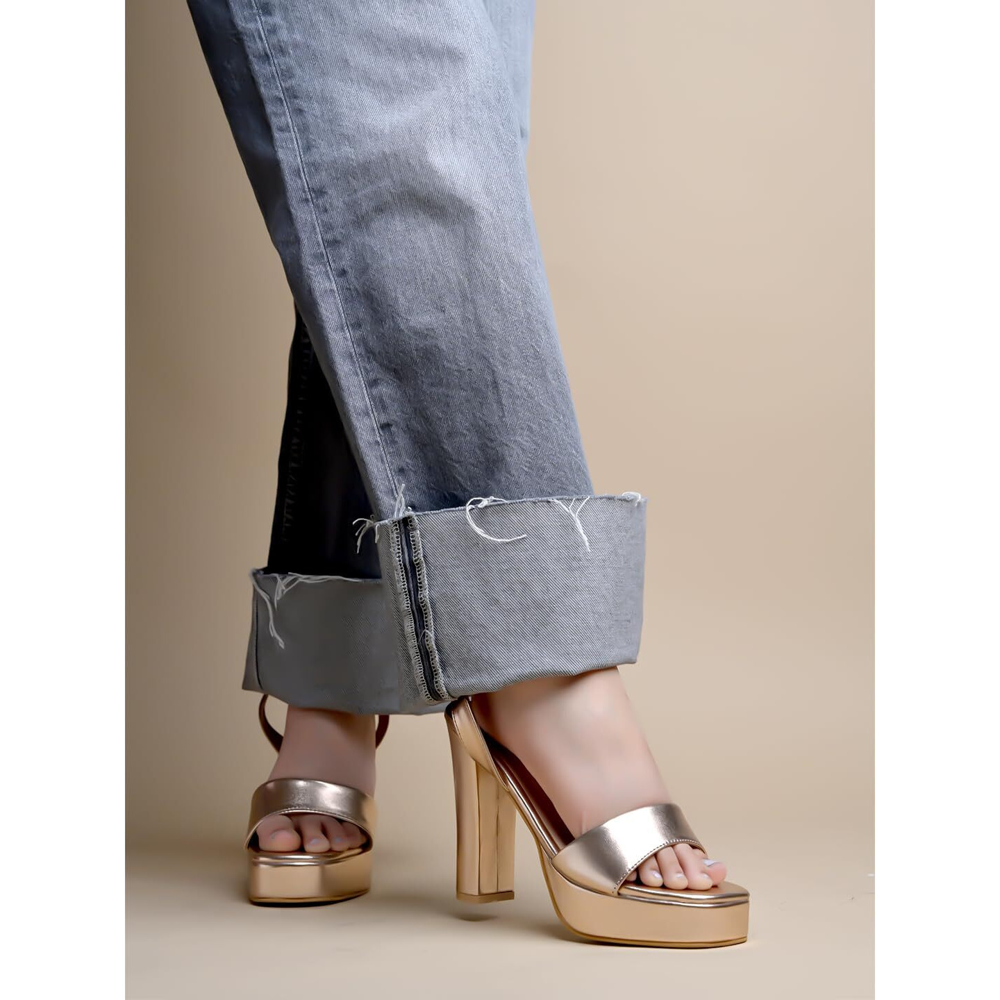 Shoetopia Casual Ankle Strap Rose-Gold Heeled Sandals For Women & Girls /Eu39