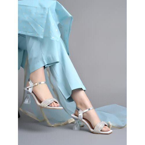 Shoetopia Embellished Rhinstone Silver Heeled Sandals For Women & Girls /Eu39