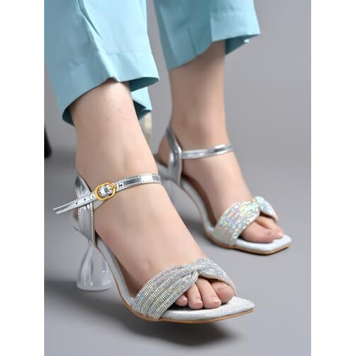 Shoetopia Embellished Rhinstone Silver Heeled Sandals For Women & Girls /Eu39