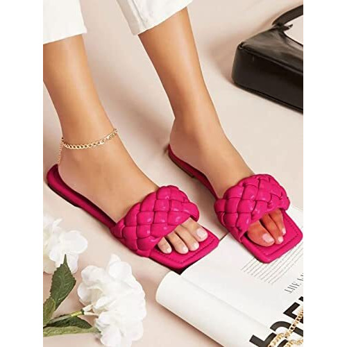 Shoetopia Women's Magenta Braided Flat Slip-On Sandals  Comfortable Open-Toe Casual Slides For Summer, Beach Eu39