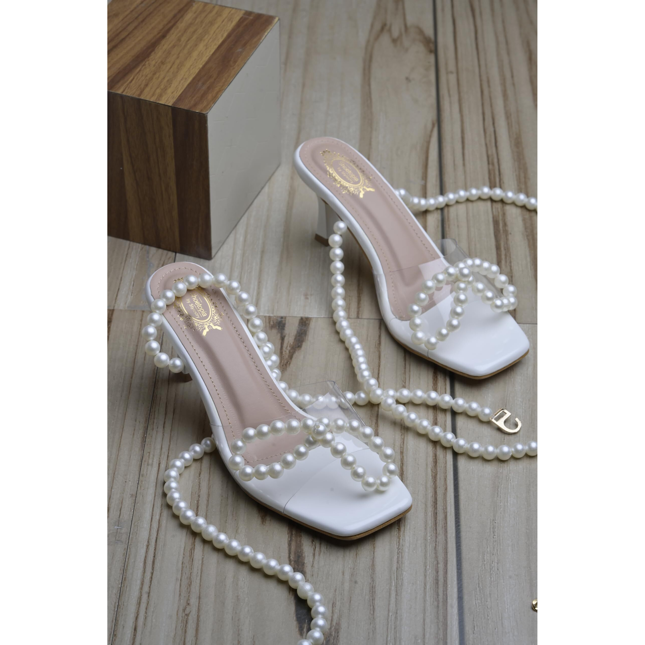 Shoetopia Elegant Pearl-Embellished White Heeled Sandals For Women & Girls /Eu37