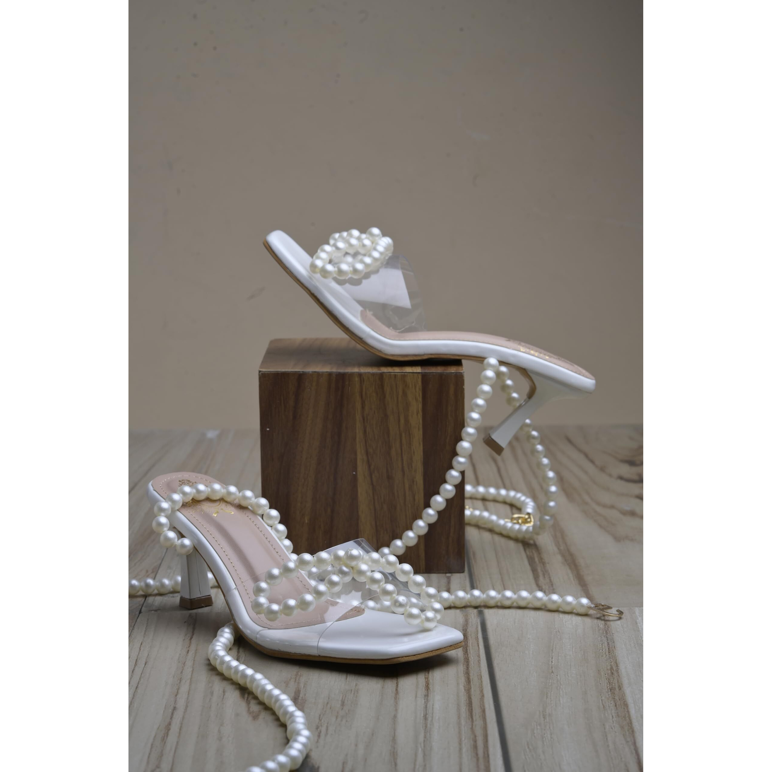 Shoetopia Elegant Pearl-Embellished White Heeled Sandals For Women & Girls /Eu37