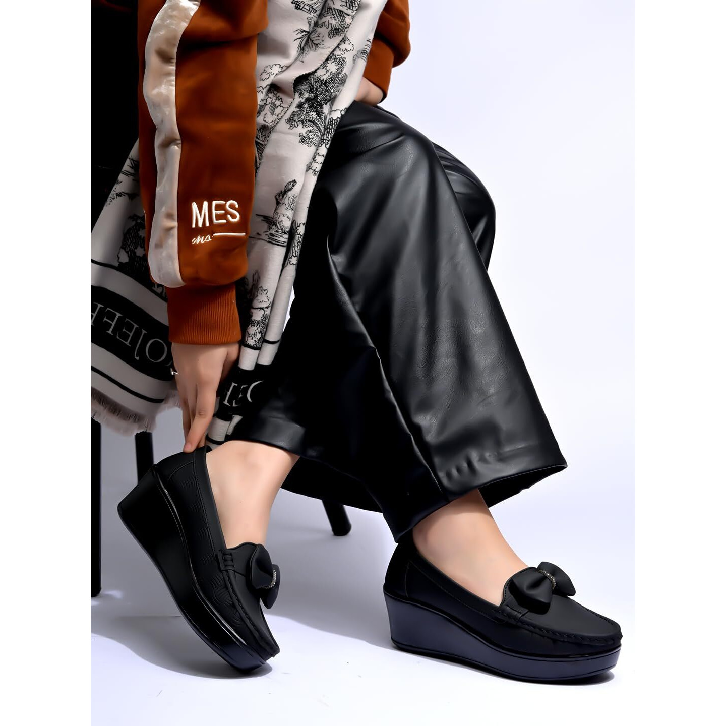 Shoetopia Upper Bow Detailed Black Loafers For Women & Gilrs /Eu37