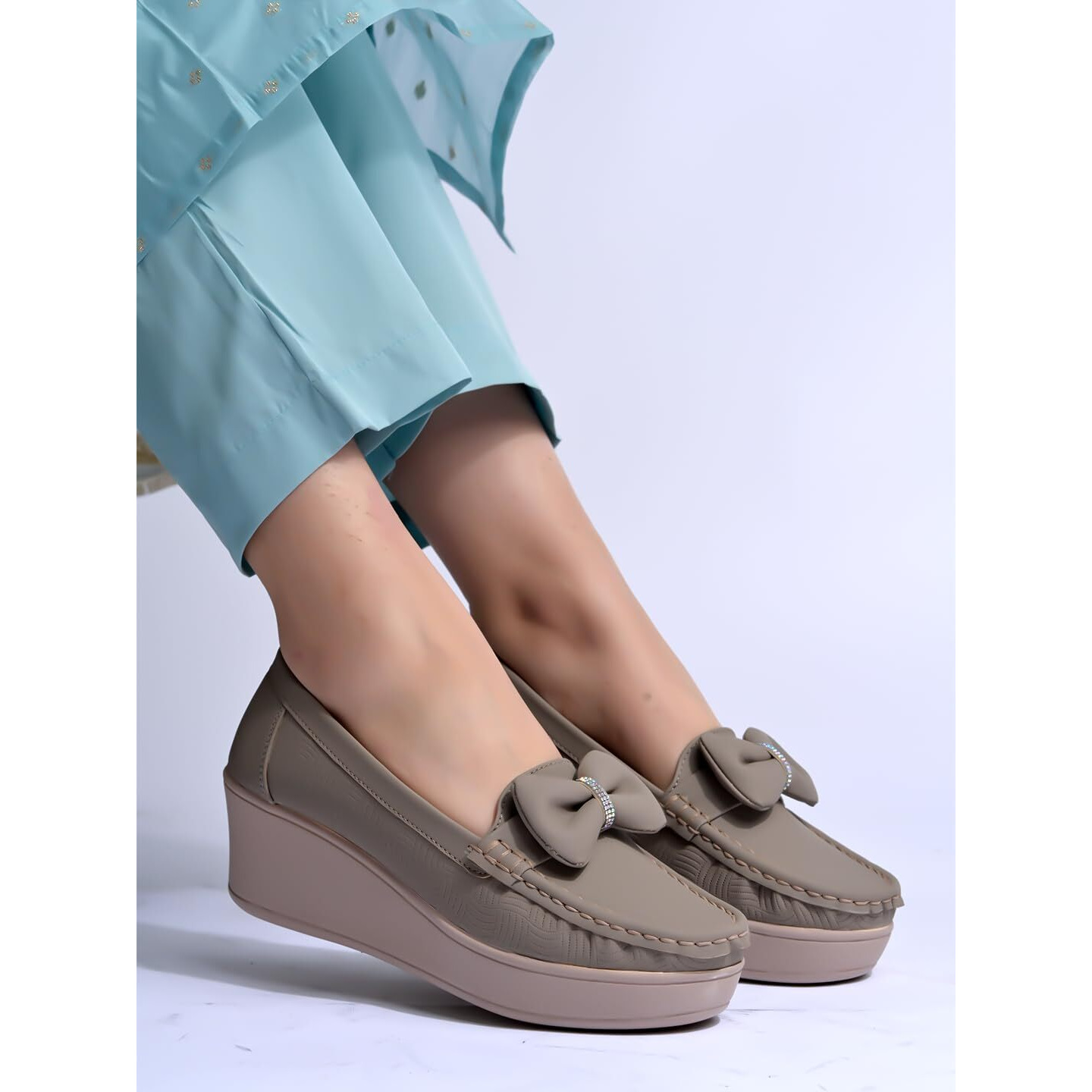 Shoetopia Upper Bow Detailed Grey Loafers For Women & Gilrs /Eu40