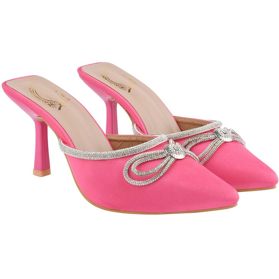 Shoetopia Women's Pink Elegant Ivory Satin Mule Heels With Crystal Bow  Pointed Toe Slip-On Dress Rhinestone For Party Or Evening Events Eu40