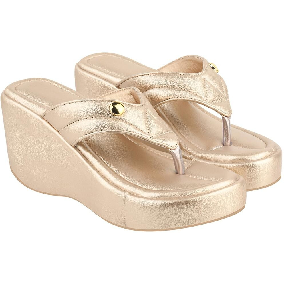 Shoetopia Women's Stylish & Durable Synthetic Wedge Sandals With Resin Footwear Comfort, Perfect For Casual & Dressy Occasions, Trendy Design, Adjustable Fit-Golden-Eu40