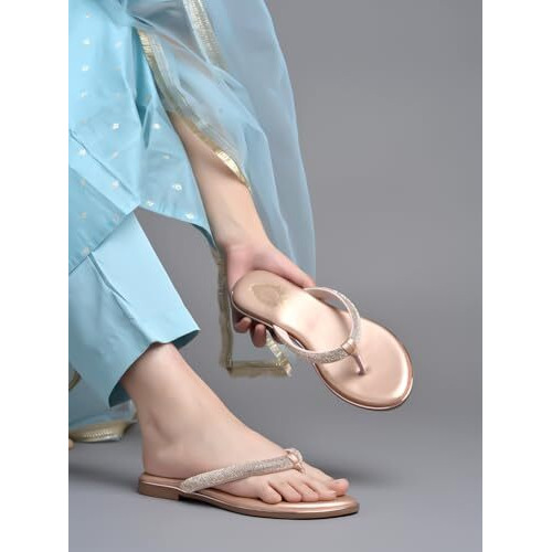 Shoetopia Embellished Rhinstone Strap Rose-Gold Flats For Women & Girls /Eu41