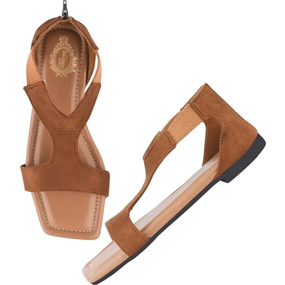 Shoetopia Stylish Ankle Strap Tan Flat Sandals For Women /Eu37