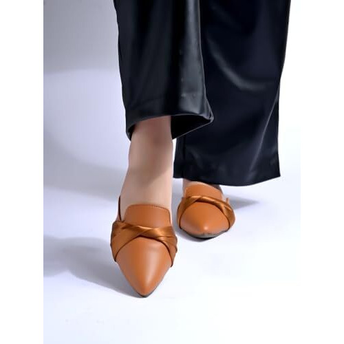Shoetopia Women's Tanslip-On Mules  Pointed Toe Flats With Satin Ribbon Detailing | Stylish Casual & Office Eu36