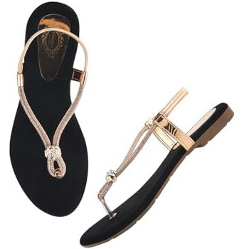 Shoeopia Embellished Strap Rose-Gold Flat Sandals For Women & Girls /Eu40