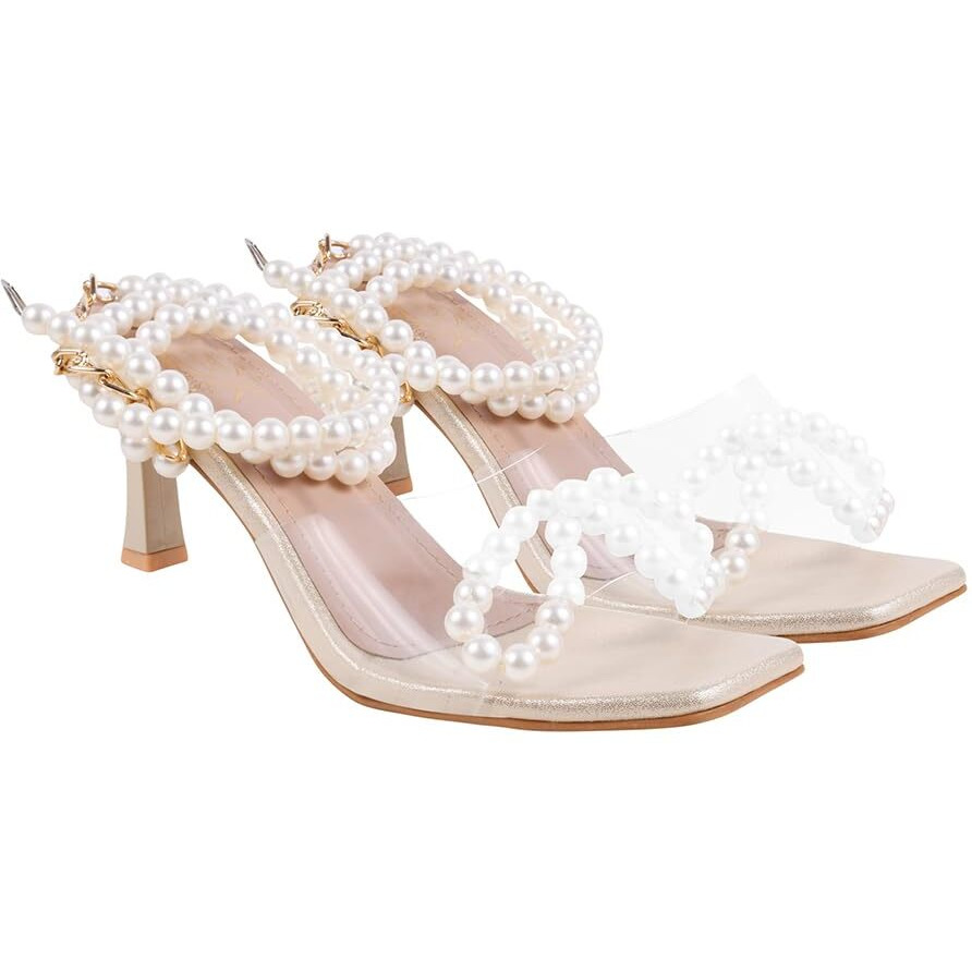 Shoetopia Elegant Pearl-Embellished Golden Heeled Sandals For Women & Girls /Eu37