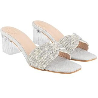 Shoetopia Embellished Rhinstone Silver Heels For Women & Girls /Eu37