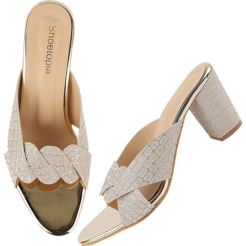 Shoetopia Women's & Girl's Golden Peep Toes Block Heels-Eu35
