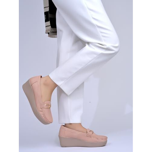 Shoetopia Upper Buckle Detailed Peach Loafers For Women & Gilrs /Eu38