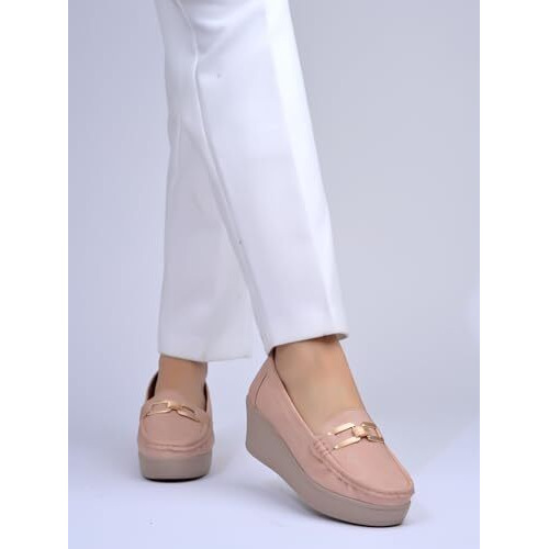 Shoetopia Upper Buckle Detailed Peach Loafers For Women & Gilrs /Eu38