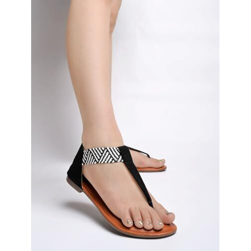 Shoetopia Women's Ethnic Style T-Strap Sandals Black Chevron Ankle Strap Flats For Casual & Festive Comfortable & Stylish Party Eu42