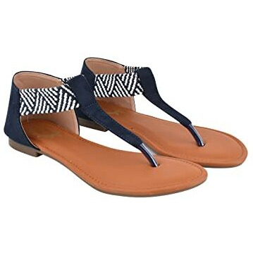 Shoetopia Women's Ethnic Style T-Strap Sandals Blue Chevron Ankle Strap Flats For Casual & Festive Comfortable & Stylish Party Eu42