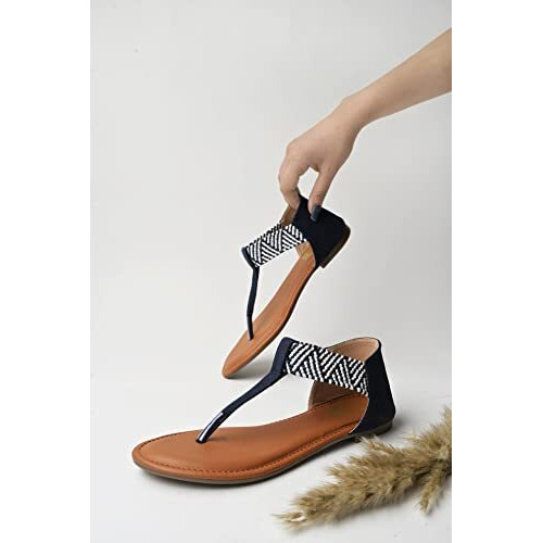 Shoetopia Women's Ethnic Style T-Strap Sandals Blue Chevron Ankle Strap Flats For Casual & Festive Comfortable & Stylish Party Eu42