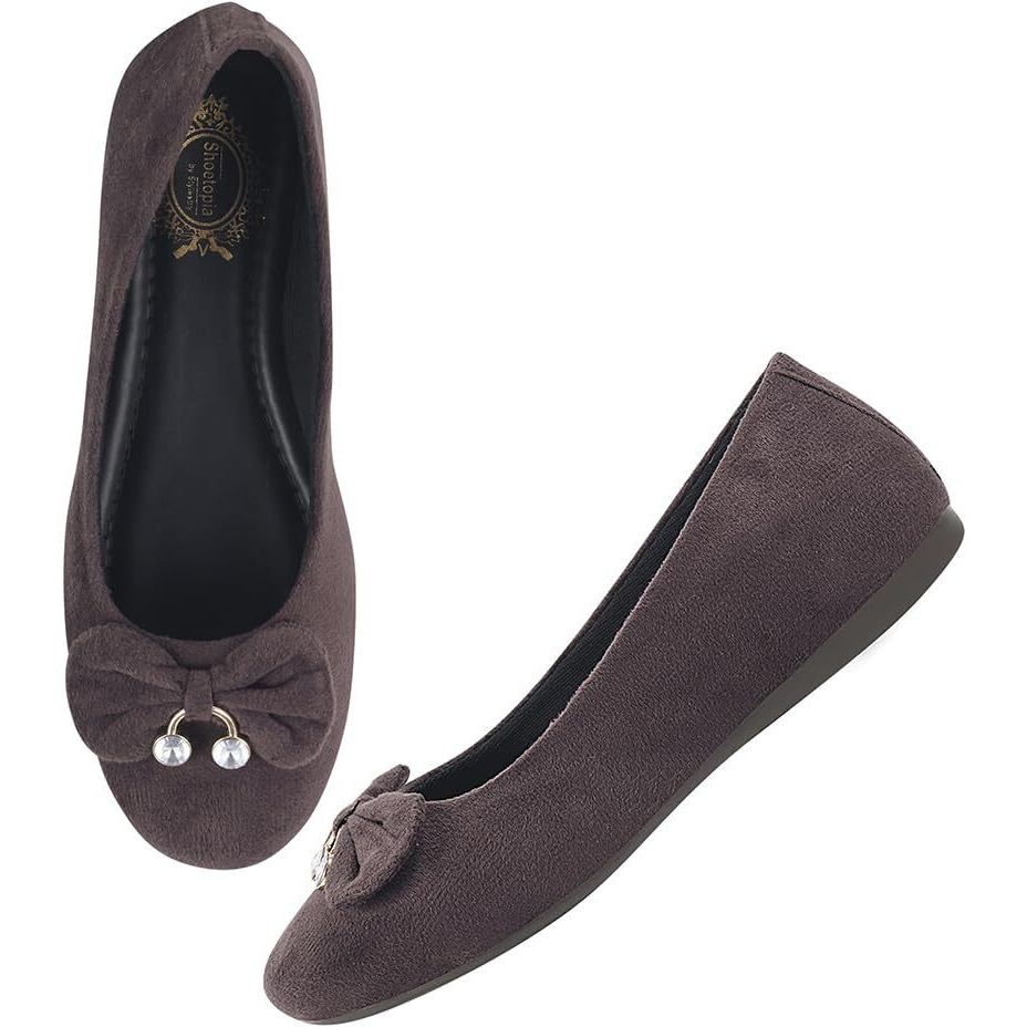 Shoetopai Women's Brown Velvet Ballerina Flats With Bow & Pearl Detail  Elegant Slip-On Belly Shoes For Casual & Party Eu38