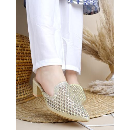 Shoetopia Embellished Golden Heeled Mules For Women & Girls /Eu41