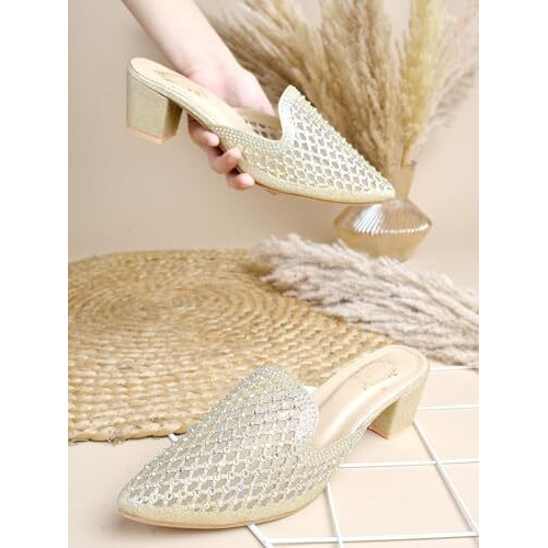 Shoetopia Embellished Golden Heeled Mules For Women & Girls /Eu41