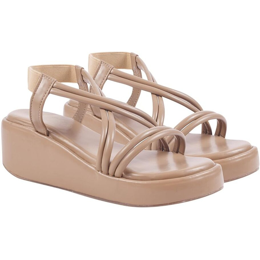 Shoetopia Womens & Girls Beige Wedges Sandal  Solid Criss-Cross Strap Design  Stylish, Comfortable, Durable Heels  Perfect For Casual, Party Eu36