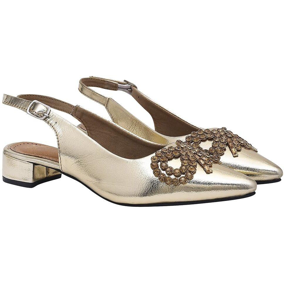 Shoetopia Rhinstone Buckle Pointed Toe Stylish Golden Pumps For Women & Girls