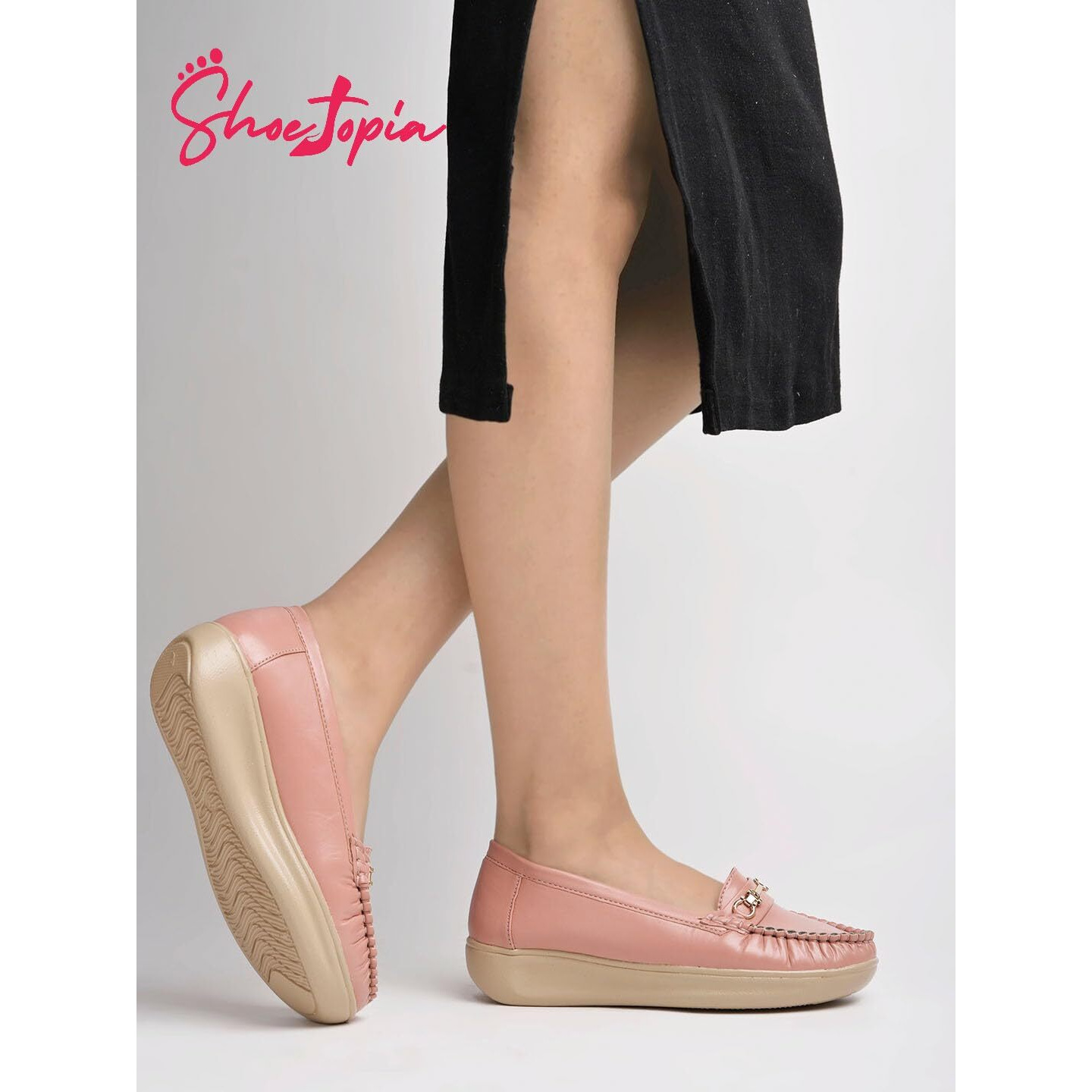 Shoetopia Upper Metalic Buckle Detailed Peach Loafers For Girls-Eu37