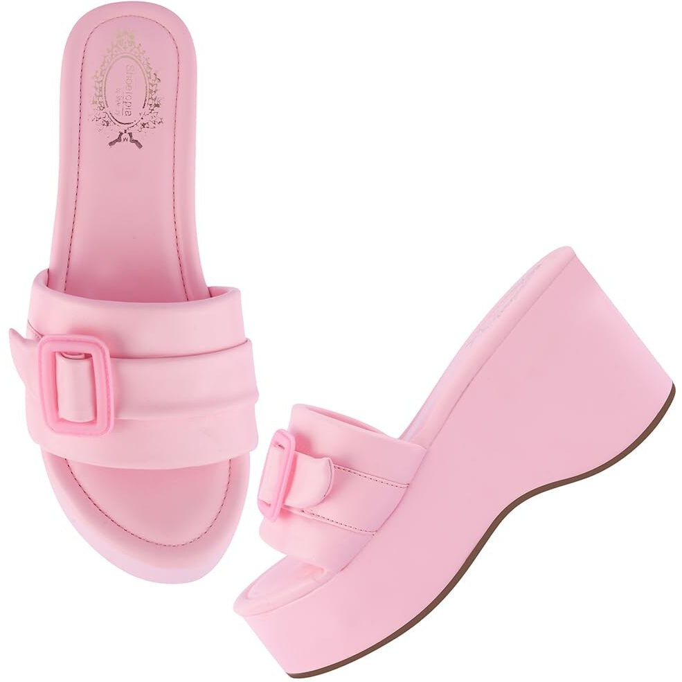Shoetopia Women's Pink Platform Slip-On Sandals  Chunky Wedge Slides With Buckle Strap Stylish Comfortable, Durable Perfect For Casual & Party Eu36