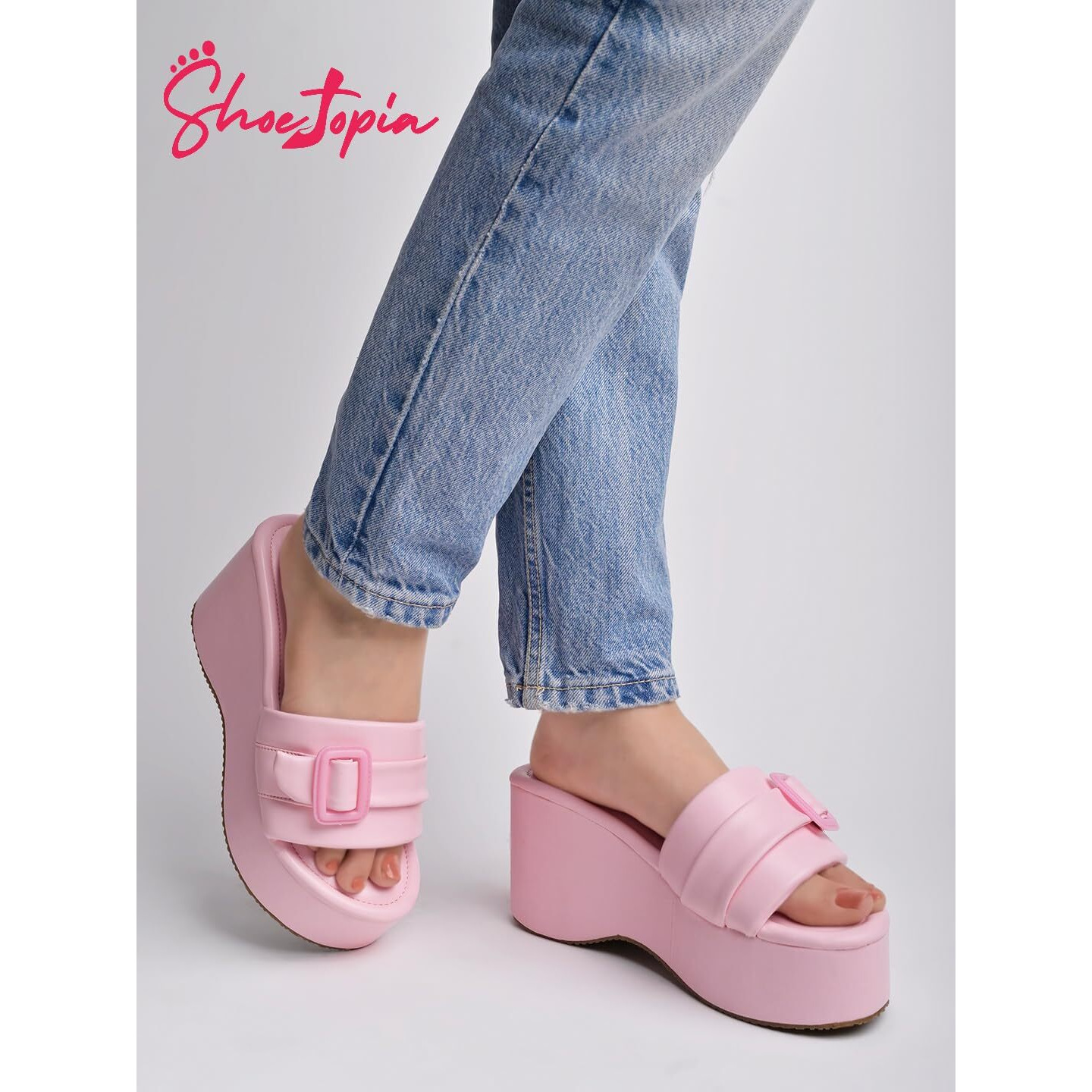 Shoetopia Women's Pink Platform Slip-On Sandals  Chunky Wedge Slides With Buckle Strap Stylish Comfortable, Durable Perfect For Casual & Party Eu36