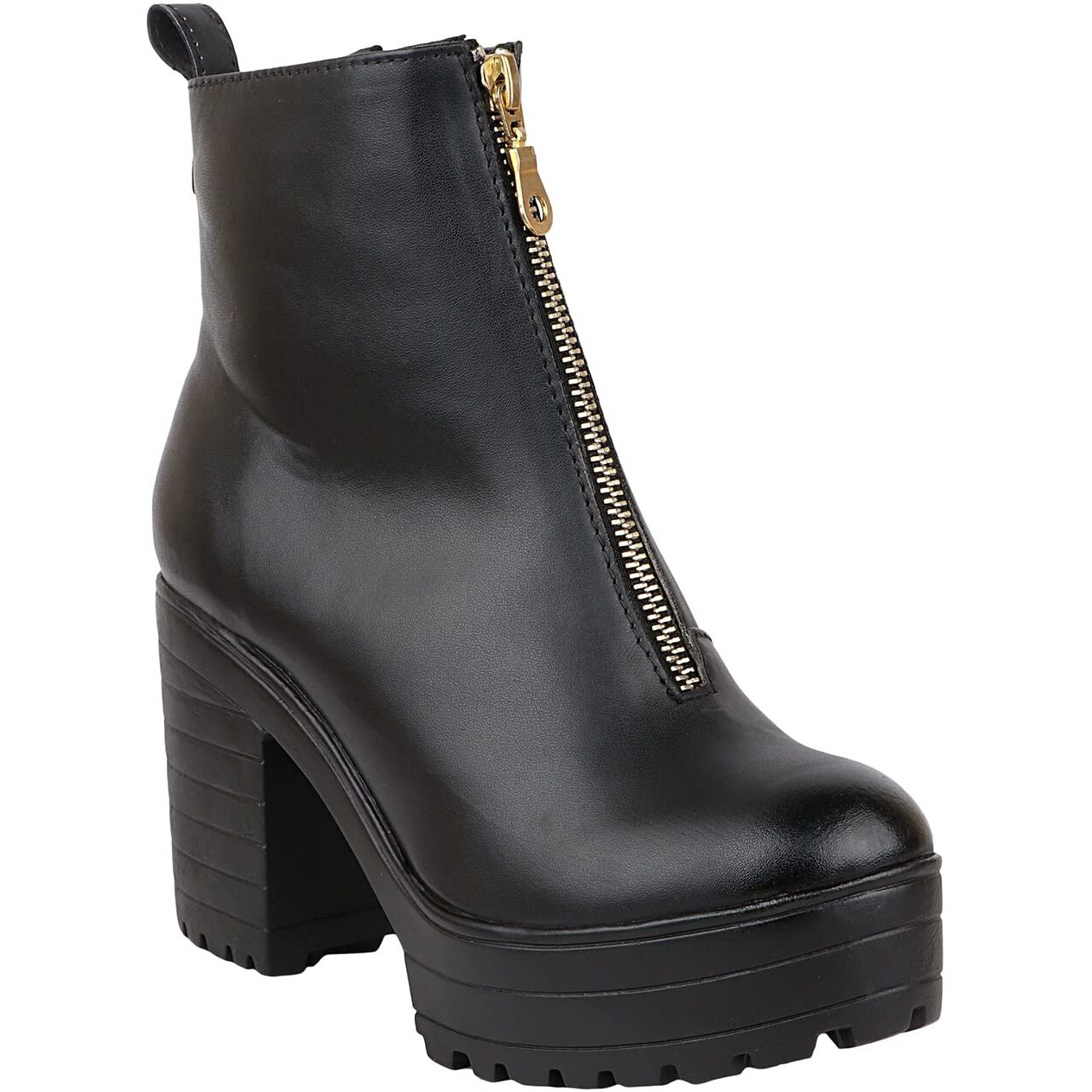 Shoetopia Women's Black Chunky Heel Platform Ankle Boots With Front Zip || Stylish Faux Leather Booties For Party, Street & Casual Eu41