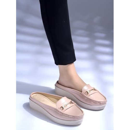 Shoetopia Stylish Comfortable Upper Bow Detailed Peach Slip-On Loafers For Girls Loafers For Women